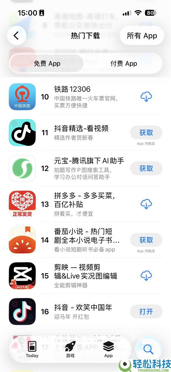 10亿红包难留用户 腾讯元宝跌出苹果App Store前十