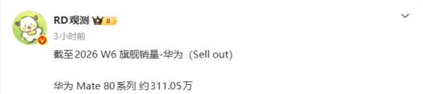 华为Mate 80最新销量一览：上市三个月 每月卖超百万台