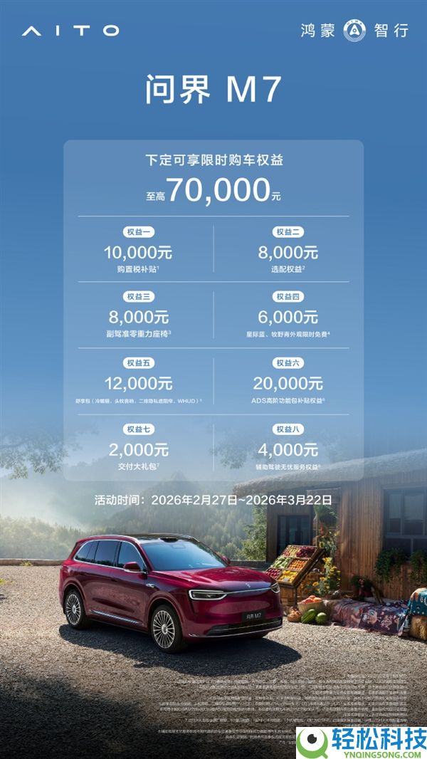 问界M7春季大促：至高70000元权益 置办税补助10000元