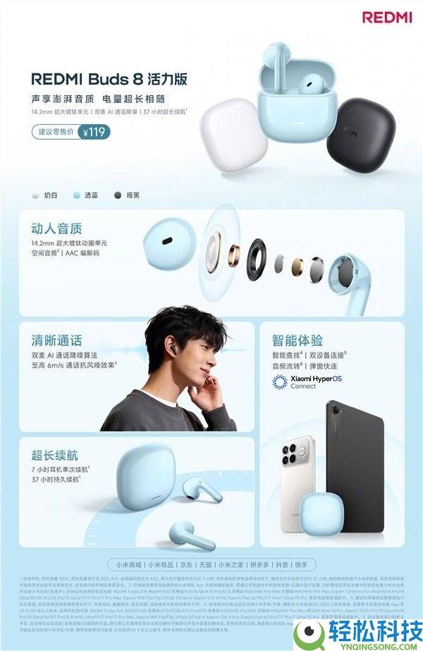 REDMI Buds8生机版开售,119元享超大单元+双麦降噪 续航长达37小时