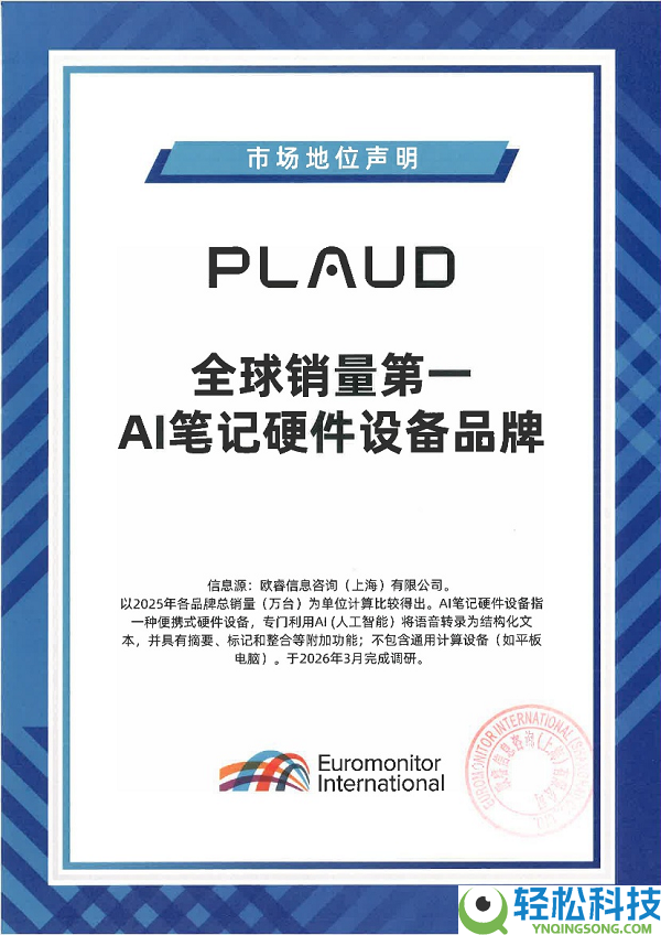 Plaud获欧睿威望认证：AI 条记硬件装备销量全球第一