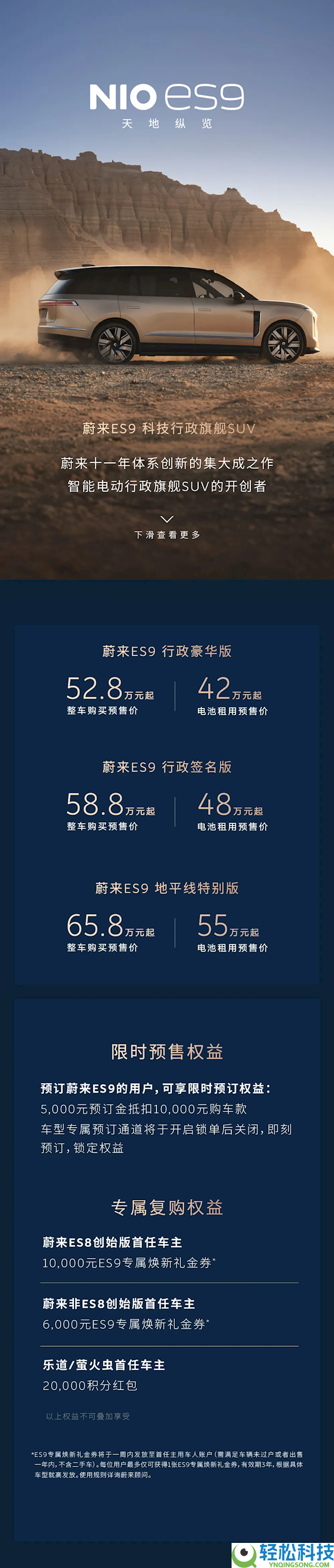 蔚来史上最大、最强旗舰SUV 租电42万起,蔚来ES9一图看懂