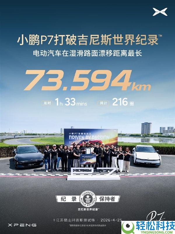 小鹏P7应战吉尼斯世界记载成功：湿滑路面73.594千米一连漂移  雷军点赞庆祝