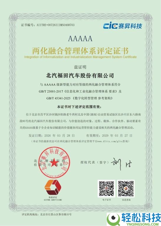 汽车行业首家,北汽福田获“两化融会经管系统”与 “数字化转型经管系统”5A级评定