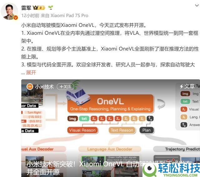 雷军公布小米手艺团队新效果：Xiaomi OneVL主动驾驶模子正式发布且周全开源